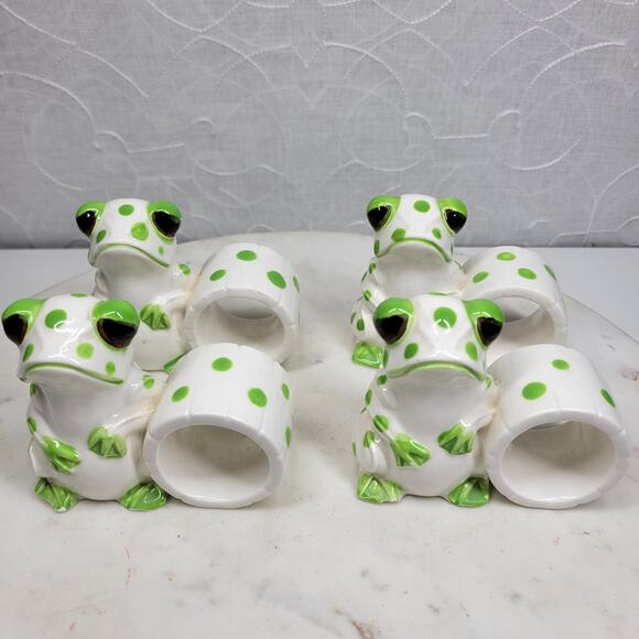 VTG Schmid Bros Frog Napkin Rings Ceramic Green White Hand Painted Japan 4 - Picture 4 of 16